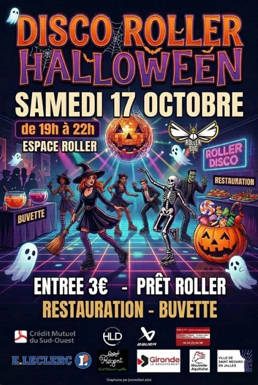 Affiche du disco roller Halloween du samedi 17 octobre 2026, de 19h à 22h à l'Espace Roller : entrée 3 €, prêt de rollers, restauration et buvette.