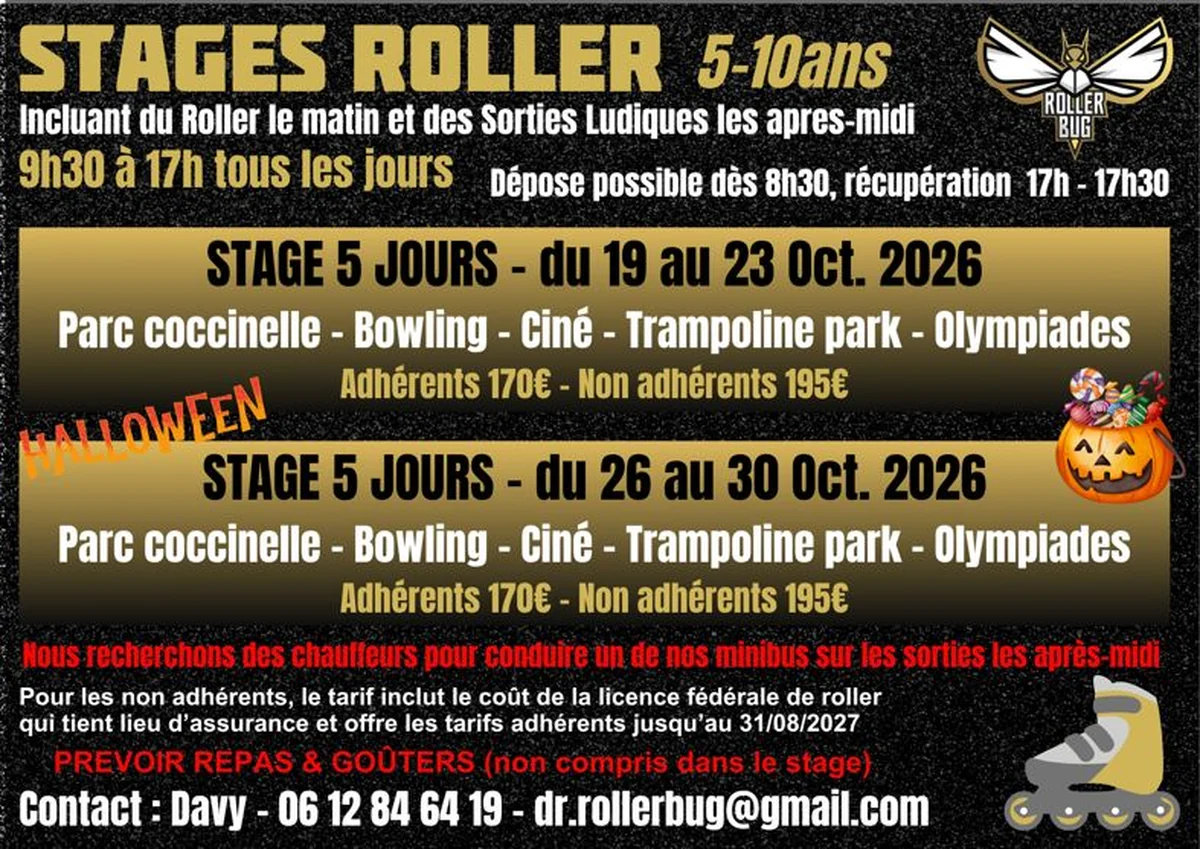Affiche des stages roller Toussaint 2026 : programme, dates et tarifs des deux semaines de stage.